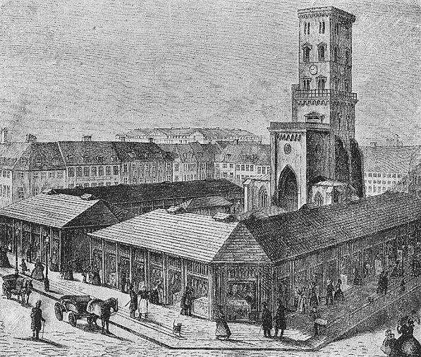 nic02 Nikolai plads med tårn og slagterboder omkring 1850