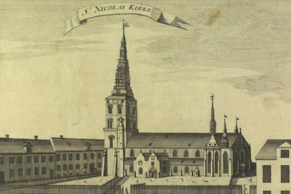nic1763 Sankt Nikolai Kirke i 1763 før branden satte en stopper for kirkegangen