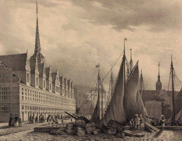 Fragtskibe fortøjret langs børsgraven i 1800tallet